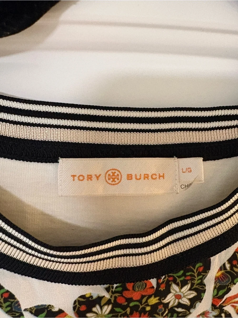 Tory Burch White Short-Sleeve Floral Print Tee with Striped Neck
